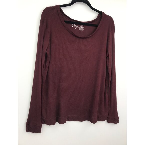 ZYIA Active Maroon Deep Red Waffle Knit Rayon Long Sleeve Wide Neck Shirt XS - Picture 2 of 6